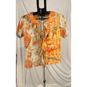 Alberto Malki Women’s Orange Ruffle V-Neck Top Casual Chic Summer Blouse